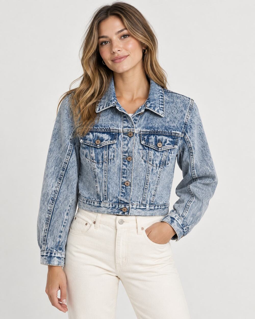 Kancan Denim Jacket Women M Light Blue Acid Wash Cropped Trucker Jean Jacket